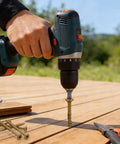 Pro Grade #8 X 2 Inch Deck Screws 100 Pack Exterior Wood Screws Bronze epoxy coating being installed with a drill.