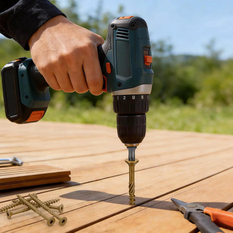 Pro Grade #8 X 2 Inch Deck Screws 100 Pack Exterior Wood Screws Bronze epoxy coating being installed with a drill.