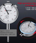 Front view of XUNTOP dial indicator with white dial, 1-inch range, 0.001-inch resolution on a magnetic base