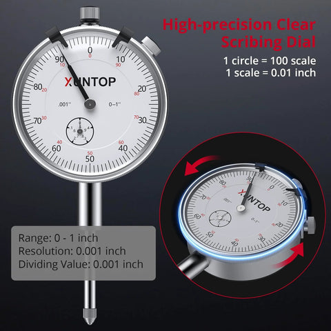 Front view of XUNTOP dial indicator with white dial, 1-inch range, 0.001-inch resolution on a magnetic base