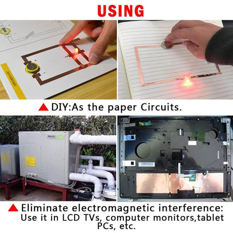 Copper foil tape used in paper circuits and EMI shielding for electronics.