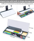Clear Glass Desk Whiteboard With Storage Tray And All In One Desktop Organizer, gray finish, showing dimensions and compartments.