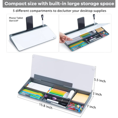 Clear Glass Desk Whiteboard With Storage Tray And All In One Desktop Organizer, gray finish, showing dimensions and compartments.