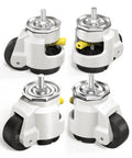Heavy Duty Retractable Leveling Casters Set Of 4 With Ratchet Handle No Sweat Height Adjust Dual One Half Inch M12 Stems, showing casters from multiple angles.