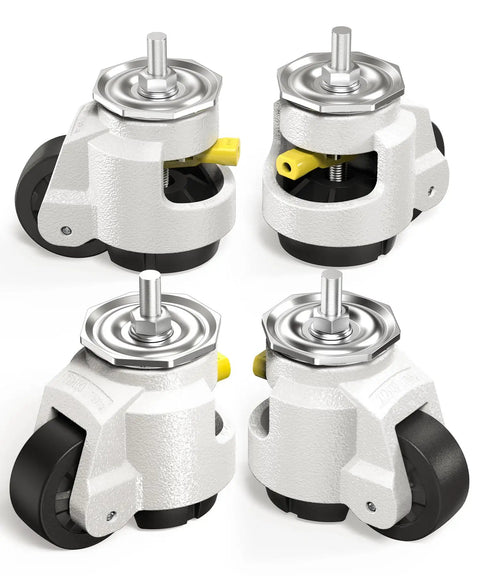 Heavy Duty Retractable Leveling Casters Set Of 4 With Ratchet Handle No Sweat Height Adjust Dual One Half Inch M12 Stems, showing casters from multiple angles.