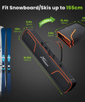 Padded Snowboard Bag For Air Travel, Waterproof 1680D Rip-Resistant Case, 155cm, foldable with skis and dimensions displayed