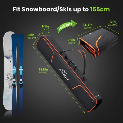 Padded Snowboard Bag For Air Travel, Waterproof 1680D Rip-Resistant Case, 155cm, foldable with skis and dimensions displayed
