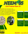 Packaging of Cold Pressed Neem Oil 85 4 In 1 Concentrate with product features and plant image.