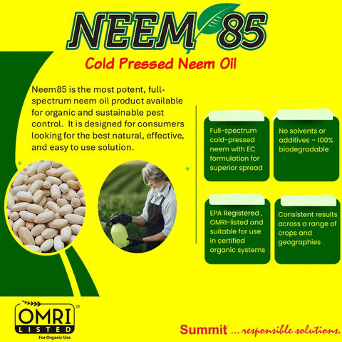 Packaging of Cold Pressed Neem Oil 85 4 In 1 Concentrate with product features and plant image.
