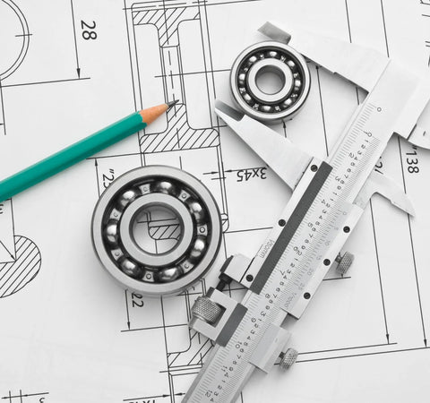 Pair of 684ZZ deep groove ball bearings, 4x9x4 mm, double shielded and pre-lubricated, with calipers on blueprint.