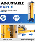 Heavy Duty Foldable Work Platform And Rolling Welding Station With Rock Solid 1200 Pound Capacity Adjusts 29 To 48 Inches High showing adjustable height feature and solid pin fixing.