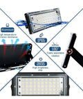 JUDYSSY Led Flood Light Ac220 50W 100W Led Street Lamp showing aluminum housing, IP65 rating, adjustable mount, and SMD2835 chip.
