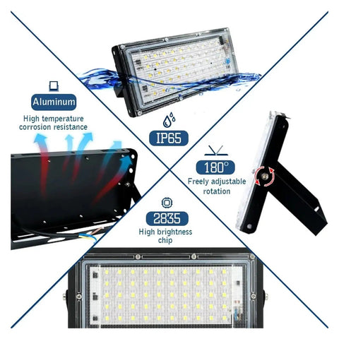 JUDYSSY Led Flood Light Ac220 50W 100W Led Street Lamp showing aluminum housing, IP65 rating, adjustable mount, and SMD2835 chip.