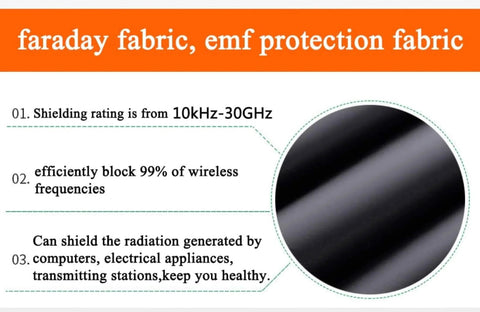Faraday EMF Shield Fabric, EMF protection with text on shielding capabilities, copper nickel material detail