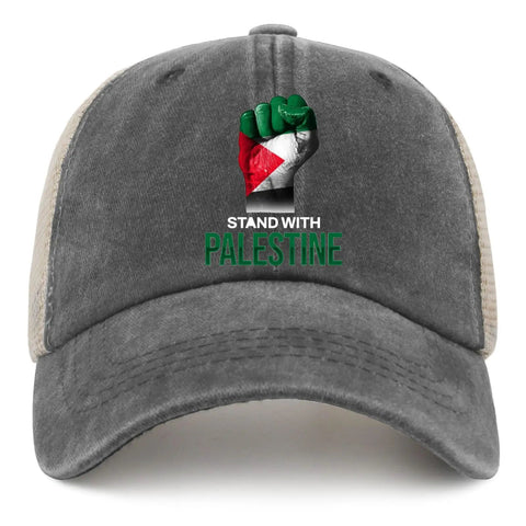 I Stand With Palestine Dope Adjustable Trucker Hat For Women And Men Unisex Golf Style Cap front view with custom design