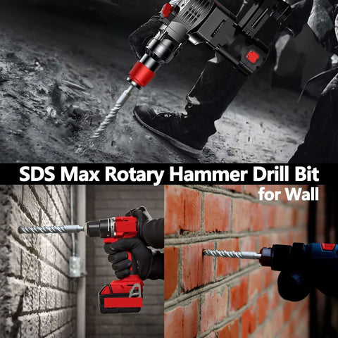 SDS Max rotary hammer drill bit, 38x260mm carbide-tipped masonry bit for concrete, shown drilling into brick and concrete.