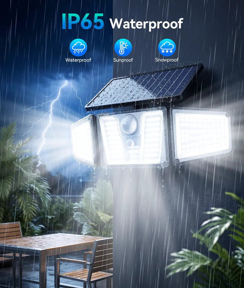 Built Tough 210 LED Solar Flood Lights With Snappy Motion Sensor And All Season Waterproof Housing Three Head 300 Degree Wide Sweep Captures Activity Around Backyard Patio Driveway Or Garage Entry Stalwart Two Pack Finished In Glossy Black