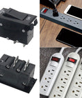 No Sweat Black Rocker Switch Circuit Breaker With 10 Amp Overload Protector shown with outlet strips and devices.