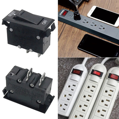 No Sweat Black Rocker Switch Circuit Breaker With 10 Amp Overload Protector shown with outlet strips and devices.