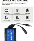 12V 5200mAh Lithium Battery Pack With 1A Charger featuring safety icons and BMS protection for overcharge and temperature control.