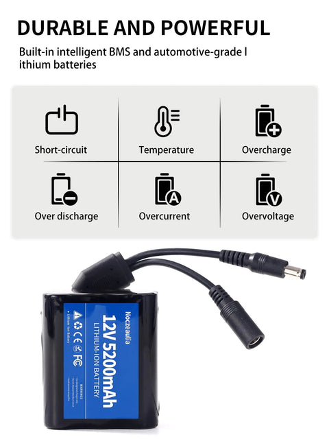 12V 5200mAh Lithium Battery Pack With 1A Charger featuring safety icons and BMS protection for overcharge and temperature control.