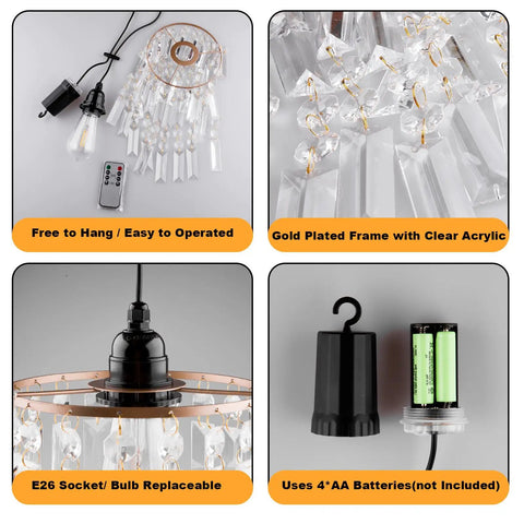 Battery Operated Chandelier With Acrylic Crystal Beads Waterproof Hanging Pendant Lights Dimmable Timer For Patio Decor Two Pack parts and features