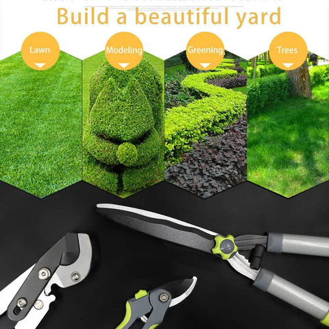 Three Piece Garden Pruning Tool Set With 28 Inch Lopper 23 Inch Hedge Shears And 8 Inch Bypass Pruner shown with lawn and hedge examples