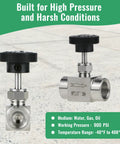 Front and side view of Stainless Steel Needle Valve 304 FNPT Half Inch Female Straight High Pressure Flow Control for water, oil, gas.