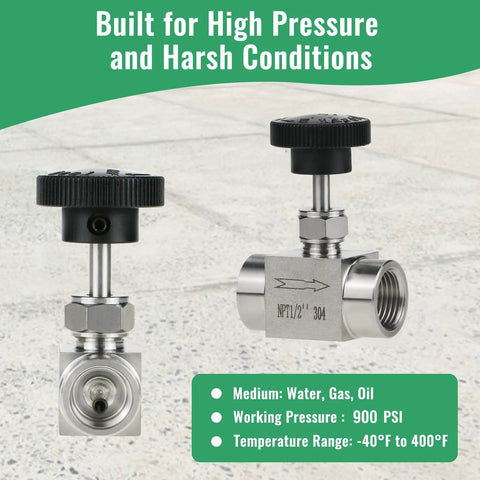 Front and side view of Stainless Steel Needle Valve 304 FNPT Half Inch Female Straight High Pressure Flow Control for water, oil, gas.
