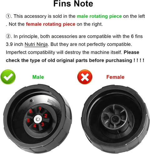 Image showing the male and female rotating pieces for blender compatibility with note on Six Fin Male Blade For High Power Blender Replacement Fits 18 Oz 24 Oz 32 Oz Cups Works With Auto IQ 900W 1000W Models And Nutri Ninja Style Blenders Premium Stainless Steel Upgrade Part.