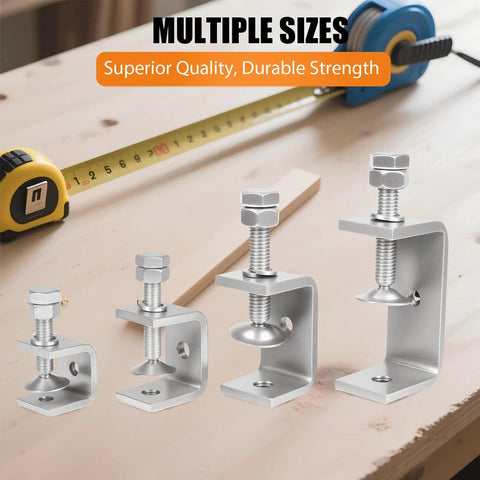 No Fuss 304 Stainless Steel C Clamps 2 Pack Big Jaw G Clamps for tight quarters with multiple sizes displayed on wood.