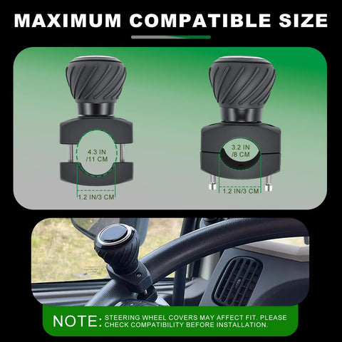 Universal Steering Wheel Spinner Knob Ball Knob For Cars Trucks Mowers Forklifts Tractors Boats EZ Install With Split Base And Rubber Spacer, shown with measurements.