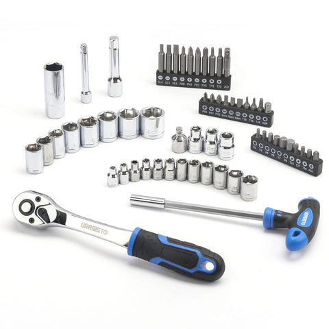 168-Piece Socket Wrench Auto Repair Tool Set In A Plastic Toolbox Case, Grab-And-Go DIY Hand Tool Kit With Sockets, Wrenches, Hex Keys, Screwdriver Bits, Pliers, Knife, Hammer, Saw, And More For Everyday Home Repairs