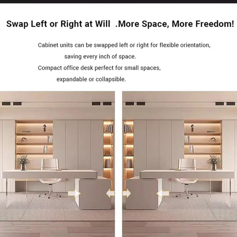 Straight Up Rock Solid Heavy Duty L Shaped Computer Desk With Cream Acrylic Legs Spacious Storage Drawers Clean Modern Workspace Vibes For Home Office Salon Grind Setup showing flexible cabinet orientation.