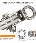 Heavy Duty Stainless Steel Snatch Block Pulley System With Double Grooves And Built In Bearings, 25m/8mm Rope, Tough As Nails For Lifting, Kayak Prep, Garage Projects, Winch, Hunting, And 1100lb Loading. 304 stainless steel double pulley block with 8mm rope and bearing detail