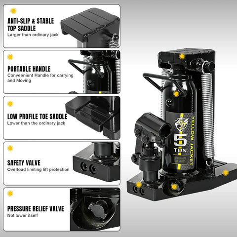 2-In-1 Toe Jack Lift With 5 Ton Top Saddle and 2.5 Ton Claw, highlighted features: anti-slip saddle, handle, valve, low profile, yellow
