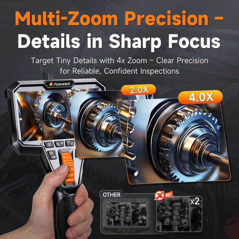 Ultra Slim 0.24-Inch Two-Way Articulating Borescope With Light showing zoom precision on camera display