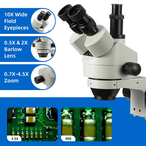 Simul Focal Trinocular Stereo Zoom Microscope Pro With WH10x Eyepieces 0.7x To 4.5x Objective on boom stand
