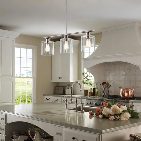Three Light Kitchen Island Fixture With Clear Glass Cylinder Shades In Warm Brass Finish, Modern Industrial Farmhouse Pendant Lighting With Adjustable Hanging Height For Custom Height