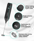 Rechargeable Milk Frother Wand Handheld Electric Foam Maker With USB C Power Detachable Stainless Steel Whisk, black