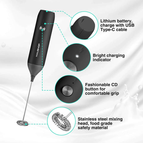 Rechargeable Milk Frother Wand Handheld Electric Foam Maker With USB C Power Detachable Stainless Steel Whisk, black