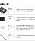 Image showing parts list of a garage containment mat kit with mat, adhesive tape, alcohol prep pads, and floor squeegee.