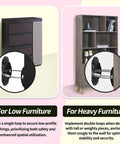 Heavy Duty Anti Tip Furniture Anchors Six Pack Kid Safe Wall Straps For Dresser Stability Earthquake Wall Mount Hardware Home Peace Of Mind Security Kit Black showcasing installation on low and heavy furniture.