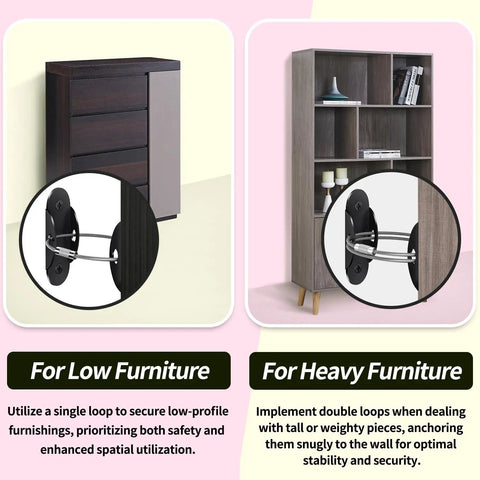 Heavy Duty Anti Tip Furniture Anchors Six Pack Kid Safe Wall Straps For Dresser Stability Earthquake Wall Mount Hardware Home Peace Of Mind Security Kit Black showcasing installation on low and heavy furniture.