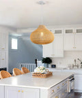 Rattan Pendant Light With Handwoven Wicker Raindrop Design For Dining Room Kitchen Island, soft ambient lighting over island.