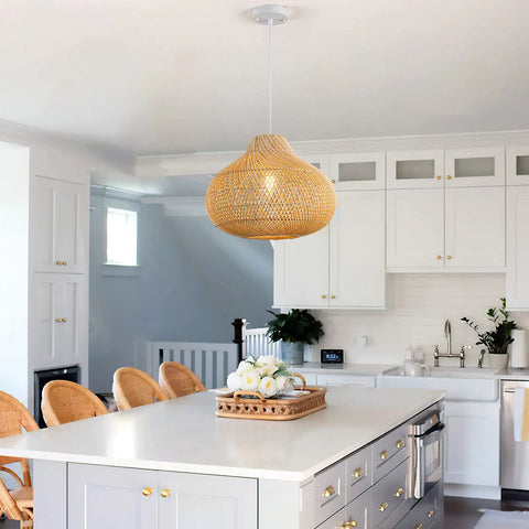 Rattan Pendant Light With Handwoven Wicker Raindrop Design For Dining Room Kitchen Island, soft ambient lighting over island.