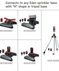 Four garden sprinkler heads with attachments and a tripod base, compatible with 5 Pattern Turbo Gear Drive Rotary Sprinkler Head.