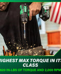 Eighteen-Volt Cordless Brushless Driver Drill Kit With Two Lithium Batteries and Charger in use, wood drilling
