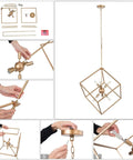 Gold Geometric Chandelier With Six Lights Modern Lantern Pendant Lighting assembly steps and components