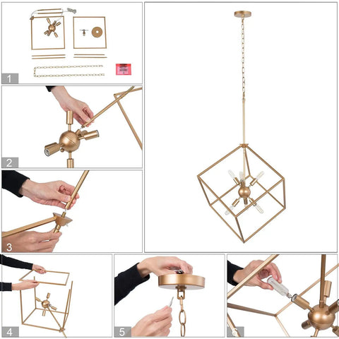 Gold Geometric Chandelier With Six Lights Modern Lantern Pendant Lighting assembly steps and components